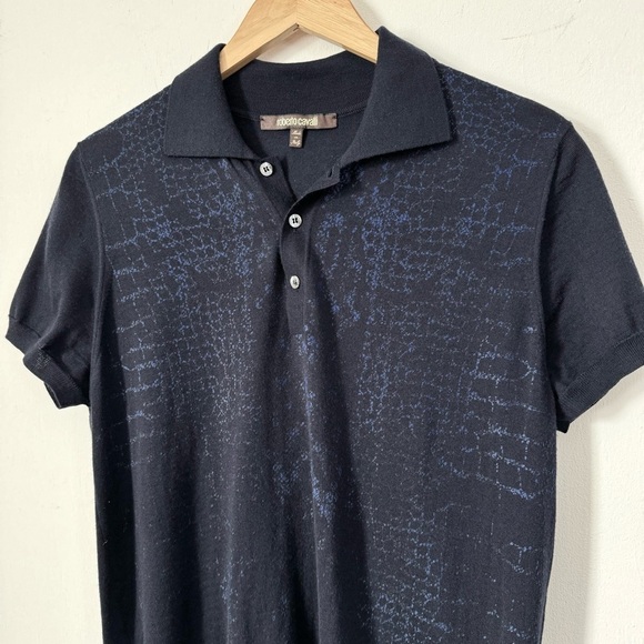 Roberto Cavalli Polo Shirt 100% Wool Knit Navy Blue Snake Print Mens Medium - Picture 5 of 13